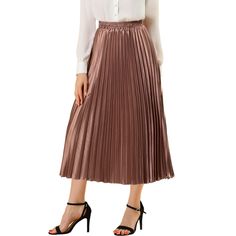 Accordion pleats enhance the dimension and movement of this midi skirt, while the metallic design underscores its sleek style. It's pleated all around for this trending midi skirt. Feel free to pair it with black block-heel sandals. Whether you're dressing up or down, this skirt is perfect for any occasion. A casual and simple style, never out of fashion, is a must-have item in your wardrobe. This fashionable and trendy clothes for women can not only be worn daily, but can also be easily matched Black Block Heel Sandals, Metallic Pleated Skirt, Metallic Design, Metallic Skirt, Metallic Copper, Party Skirt, Beautiful Skirts, Trendy Clothes For Women, Pleated Midi Skirt