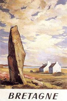 a painting of a large rock in the middle of a field with houses and clouds