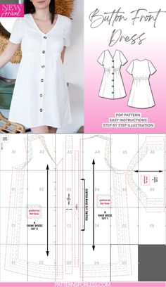 Button Front Mini Dress Sewing Pattern Shirt Dress Pattern Free, Button Down Dress Pattern, Button Dress Pattern, Mini Dress Sewing Pattern, Mini Dress Sewing, Diy Skirts, Trendy Sewing Patterns, Chic Cocktail Dress, Shirt Dress Pattern