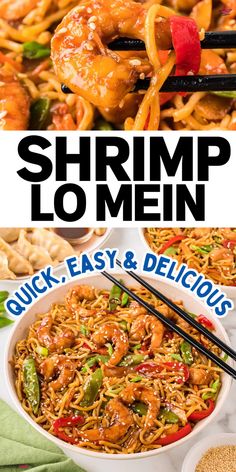 shrimp lo mein with chopsticks in it and the title overlay reads shrimp lo mein quick, easy & delicious