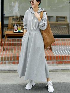 Loose Solid Color Casual A-Line Hoodie Dress GRAY-M Meaningful Pictures, Loose Maxi Dress, Lined Hoodie, Lantern Sleeve Dress, Sleeveless Short Dress, Long Shirt Dress, Daily Dress, Fashion Seasons, Trendy Tops