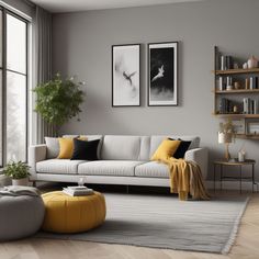 a modern living room with grey walls and yellow accents on the couch, coffee table, bookshelf and potted plant