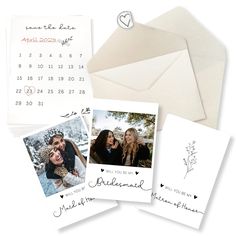 the calendar is next to some cards with photos on them and an envelope that says save the date