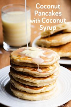 Pancakes are a staple - easy to make and delicious fresh or toasted the next day! We make these coconut pancakes once a week and they are made even better with this amazing and easy homemade coconut syrup! Pancake Syrup Recipe, Coconut Pancakes, Coconut Syrup, Pancake Syrup, Pancake Recipe Easy, Homemade Pancakes, Coconut Recipes, Syrup Recipe