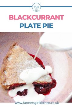 a piece of pie is being drizzled with icing on it and sitting on a plate