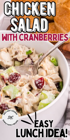 Chicken salad in a white bowl. Can Chicken Lunch Ideas, Lunch With Canned Chicken, Chicken Salad With Dried Cranberries, Curry Chicken Salad With Cranberries, Chicken Salad With Craisins Recipes, Chicken Salad Recipe With Cranberries, Chicken Salad With Raisins, Easy Cranberry Chicken, Cranberry Chicken Salad Recipe