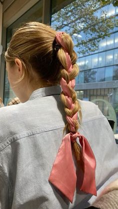 Slick Back Ribbon Hairstyle, Hairstyles With Ribbons Braided, Pink Ribbon Braids, Ponytail Braid With Ribbon, Ribbon With Braids, Ribbon In Ponytail, Braiding Ribbon Into Hair, Hair Styles Braids Ponytail, Ribbon In Hair Braid