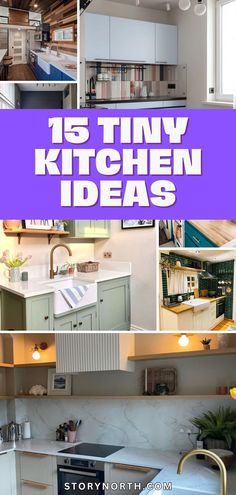 the top ten tiny kitchen ideas on this page are in purple and white with text overlay