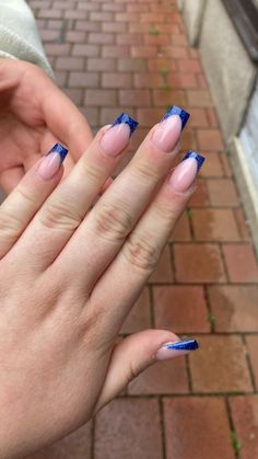 Dark Blue Acrylic Nails Sparkly, Sparkly Blue French Tip Nails, Blue French Nail Designs, Royal Blue French Tip Nails, Nails Inspiration Dark, Royal Blue Prom Nails, Nails Inspiration Blue, Nail Painting Tips, Blue Prom Nails