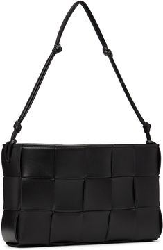 Intreccio-woven grained calfskin shoulder bag in black. · Knotted detailing at fixed shoulder strap · Magnetic closure · Four card slots at interior · Patch pockets at interior · Unlined · H5 x W8.5 x D1.5 in Supplier color: Black/Gold Modern Square Shoulder Bag With Intrecciato Weave, Rectangular Woven Leather Shoulder Bag For Office, Formal Rectangular Shoulder Bag With Woven Leather, Formal Rectangular Woven Leather Shoulder Bag, Black Woven Leather Shoulder Bag For Evening, Rectangular Intrecciato Shoulder Bag For Evenings, Rectangular Intrecciato Weave Shoulder Bag For Evening, Rectangular Intrecciato Weave Evening Shoulder Bag, Black Woven Leather Shoulder Bag For Office