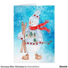 a card with a snowman holding skis