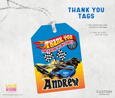 a thank you tag with an image of a race car