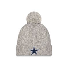 the new era beanie in grey with a blue star on it