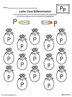 the letter p is for pineapples worksheet with an orange and yellow pencil