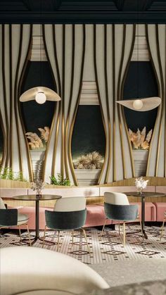 an elegant dining room with gold and black accents, striped walls and floor to ceiling windows