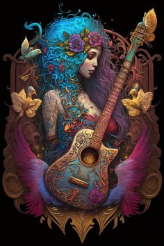 a woman with blue hair holding a guitar in her hands and butterflies around her neck