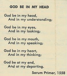 a poem written in black ink on white paper with the words god be in my head