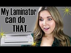 a woman holding up a laptop computer with the words my lamator can do that