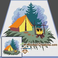 a cross stitch pattern with a tent and monkey in the woods, next to it is an image of a campfire