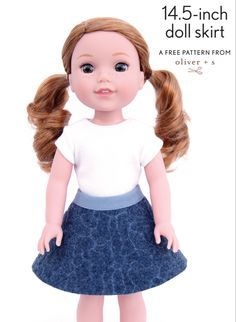 the doll is wearing a white shirt and blue skirt with her hair in pigtails