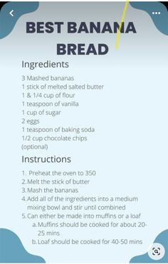 the best banana bread recipe is shown in this graphic style, with instructions for how to make