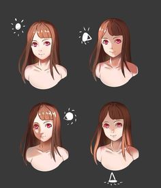 four different angles of a woman's face with red eyes and long brown hair