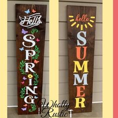 two wooden signs that say hello spring and hello summer