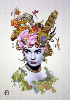 a woman with flowers in her hair is surrounded by birds and other things on her head