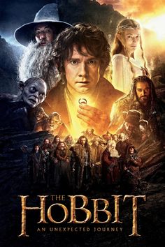 the hobbit movie poster is shown in this image, with many people standing around