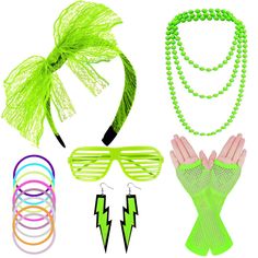 PRICES MAY VARY. PACKAGE INCLUDES: 1 pair fingerless fishnet gloves + 1pcs lace headband + 1pcs cosplay glasses + 1pair retro neon earrings + 10 silicone bracelets + 1pcs necklace, meet you demands for 80's party costume accessories set and Halloween costume. QUALITY MATERIAL: 80s costumes for women set lace headband is covered with lace fabric, sturdy and not easy to break or fade, the party shutters glasses, earrings and bead necklace is made of plastic, bright and exquisite, gloves are made o 80s Party Costumes, 1980s Fancy Dress, 80s Costumes, Neon Earrings, Cosplay Glasses, Lace Hairband, 80s Fancy Dress, Throwback Party, Neon Necklace