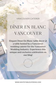 a table set with white flowers and silverware for an elegant wedding reception at the vancouver center