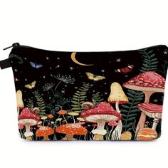 an image of a cosmetic bag with mushrooms and butterflies in the night sky on it