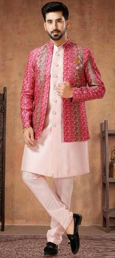 Pink and Majenta color Kurta Pyjama with Jacket in Silk fabric with Embroidered, Thread, Zari work Luxury Traditional Pink Nehru Jacket, Kurta Pyjama With Jacket, Party Wear Kurta, Kurta Pyjama, Zari Work, Wear Pink, Silk Fabric, Party Wear, Pajamas