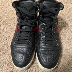 Gucci High Top Leather Sneakers Size: 5 Color: Black Leather Item Number: 221825 A9l90 100% Authentic Thank You For Looking Gucci High Top, Gucci High Tops, Shoes Gucci, Gucci Black, Gucci Shoes, Leather Items, Leather Sneakers, Item Number, Womens Shoes Sneakers