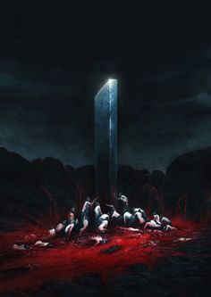 a group of people laying on the ground in front of a tall tower with blood all over it