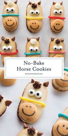 some cookies are decorated like horses and have googly eyes on their faces, with the words no - bake horse cookies above them