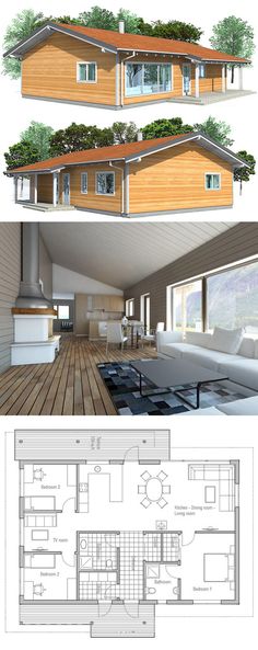 three different views of the same house from each side, with floor plans and measurements