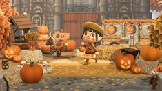 an animal crossing game with pumpkins in the foreground and a person standing near by