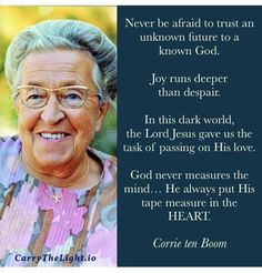 an older woman with glasses and a quote on her face that says, never be afraid to trust an unknown future to a known god