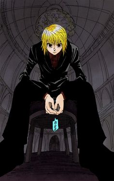 an anime character with blonde hair sitting on a chair