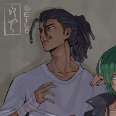 two people with green hair standing next to each other