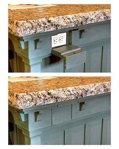 two pictures of the same counter top with numbers on it, and one has an open drawer