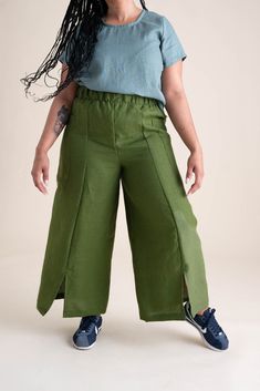 Born from the desire to eliminate waste in our production. Our Zero Waste Pant design allows for a pocket to be nested into the pant leg pattern pieces. Made from 100% linen that feels softer with washing. Green Relaxed Fit Cropped Bottoms, Green Wide-leg Bottoms With Patch Pockets, Green Wide Leg Bottoms With Patch Pockets, Green Cropped Leg Bottoms, Spring Linen Pants With Hip Pockets, Green Linen Harem Pants With Elastic Waistband, Flax Wide-leg Pants With Pockets, Flax Colored Bottoms With Pockets, Spring Linen Bottoms With Hip Pockets