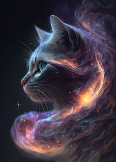 a cat with blue eyes looking at the stars