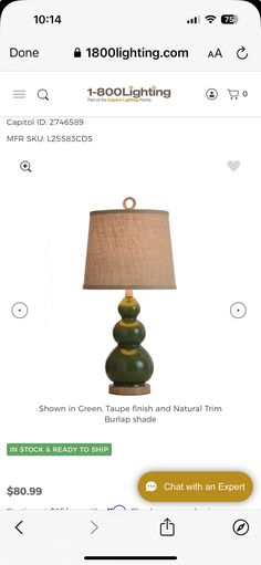 a green lamp with a brown shade on the bottom and an e - shop page below