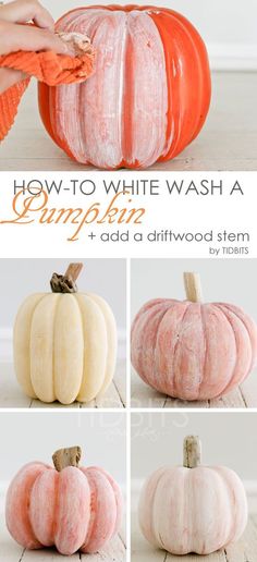 How-to White Wash a Pumpkin + Add a Driftwood Stem Shabby Chic Fall Decor, Chic Fall Decor, Do It Yourself Decoration, Shabby Chic Fall, Diy Baby Shower Decorations, Adornos Halloween, Faux Pumpkins, Fall Deco, Fabulous Fall