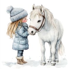 Girl And Horse, Horse Watercolor, Watercolor Girl, Watercolor Clip Art, Winter Girl, Winter Girls, Holiday Art, Art Watercolor, Watercolor Clipart