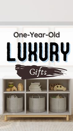 the one year - old luxury gift guide is on display in front of a window