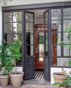 an open door leading into a room with potted plants