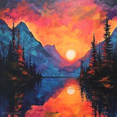 a painting of the sun setting over a mountain lake